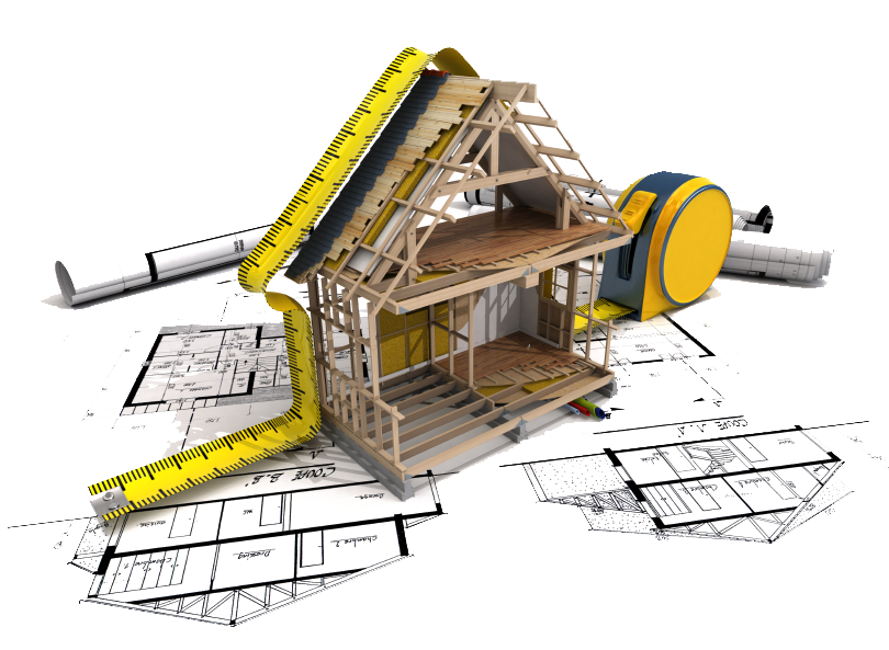 Cutaway drawing of a timber-framed house on architectural plans with a tape measure